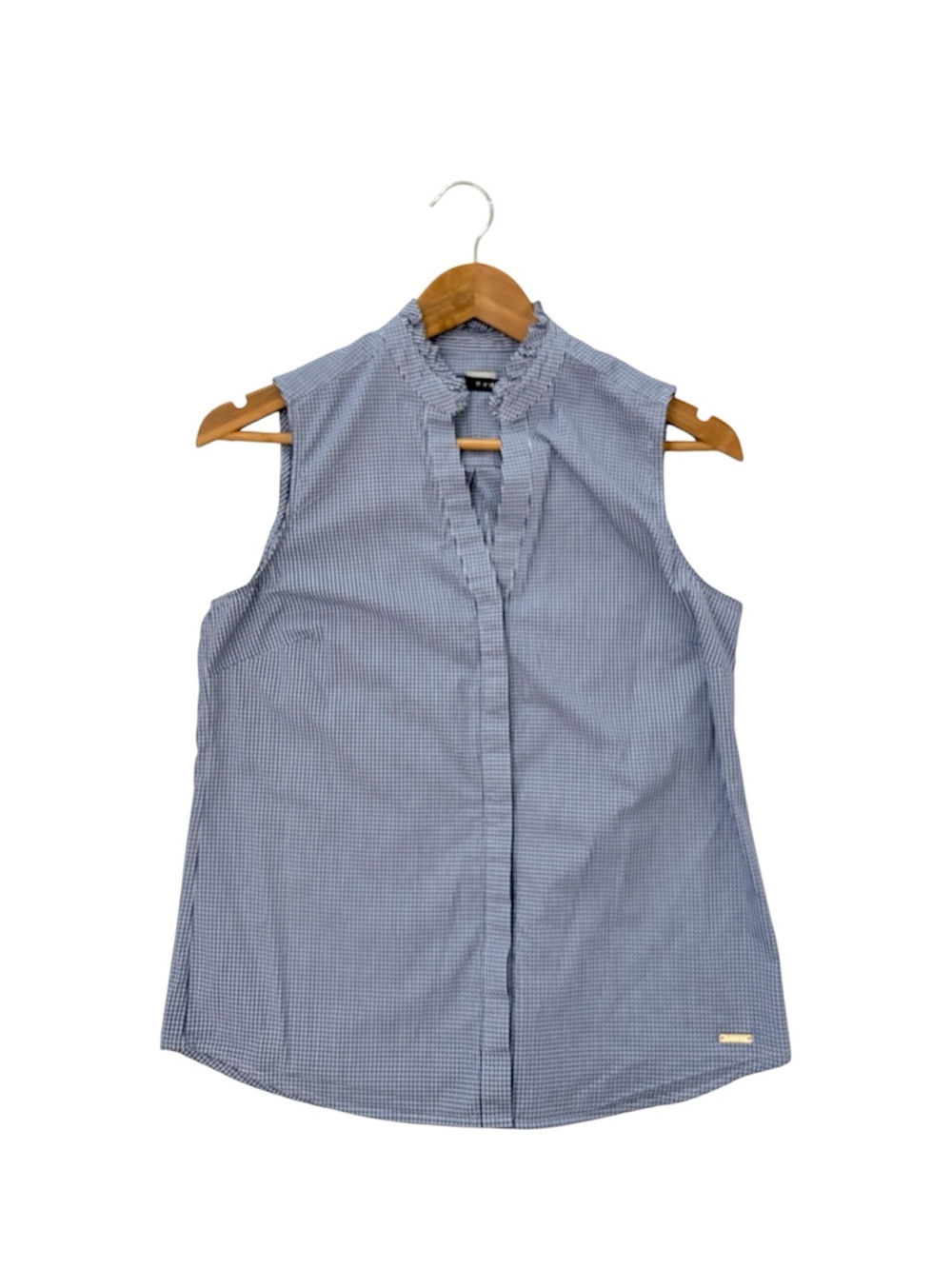 Ivanka Trump Sleeveless Blue Gingham Ruffle-Neck Button Down Top